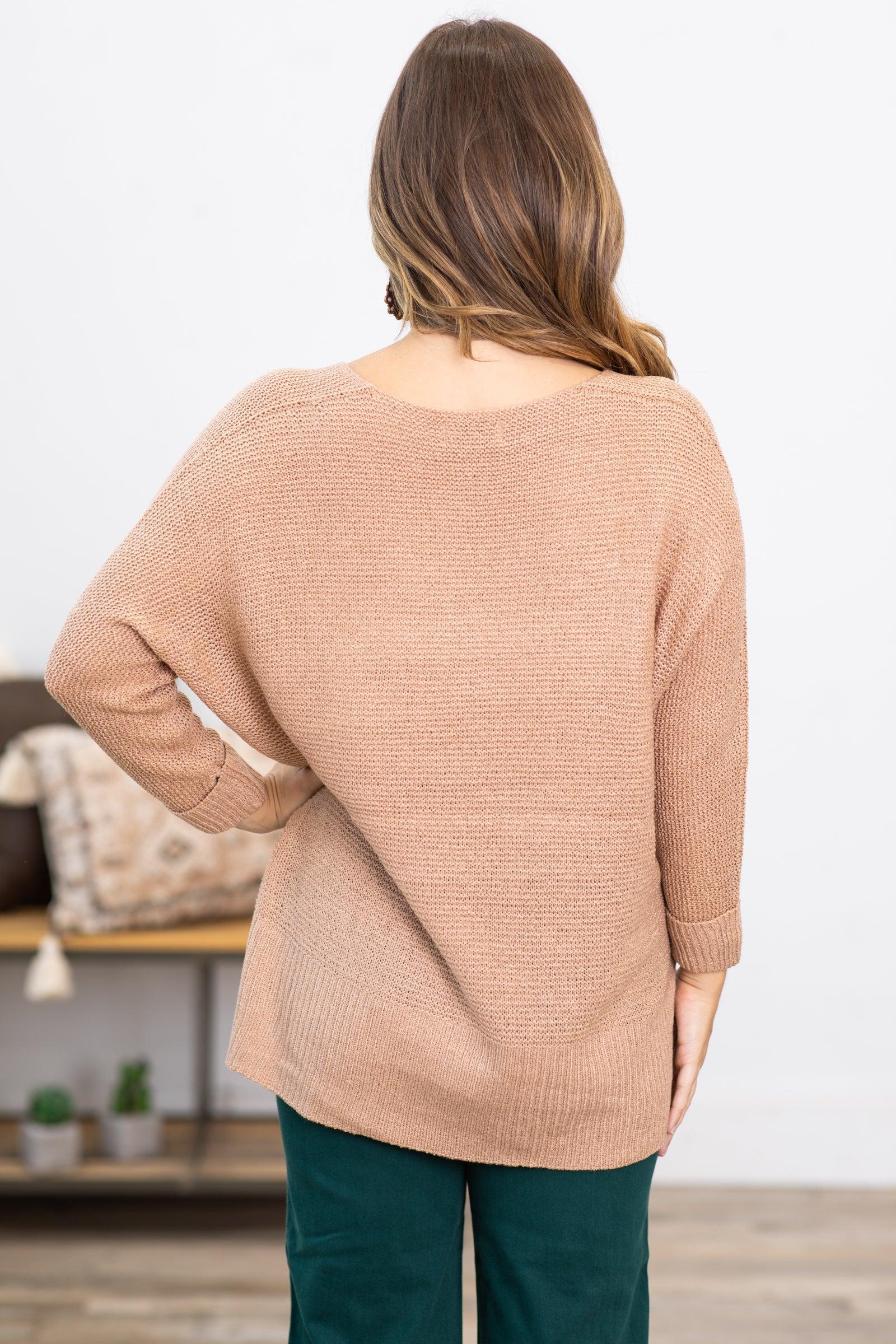 Light Taupe V-Neck Lightweight Slouchy Sweater Product Image