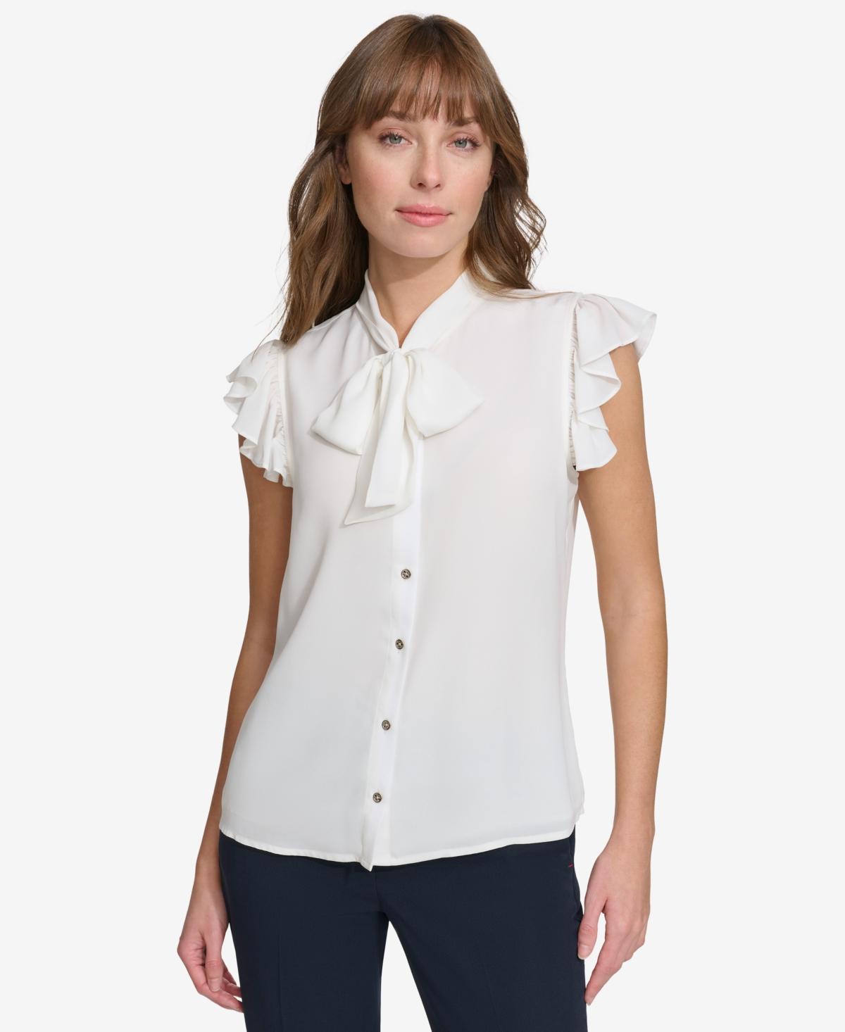 Tommy Hilfiger Womens Flutter-Sleeve Tie-Neck Blouse Product Image