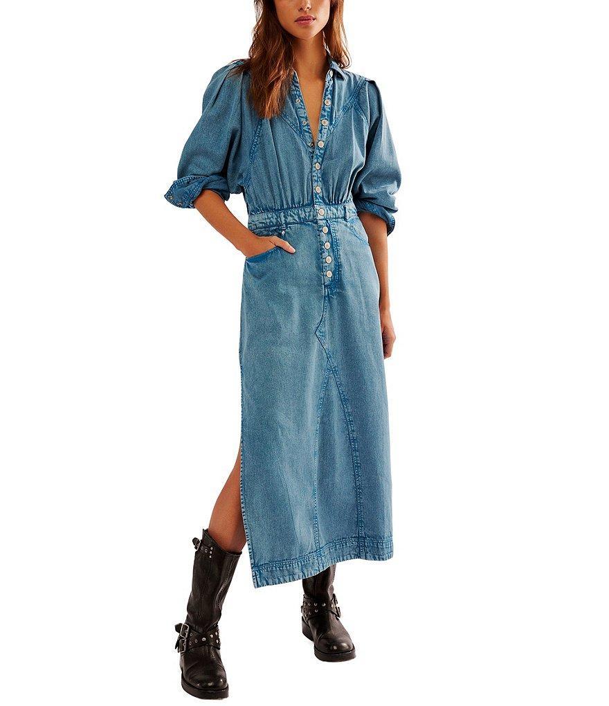 Free People Mad Love Denim Button Down Collar Long Sleeve Midi Dress product image