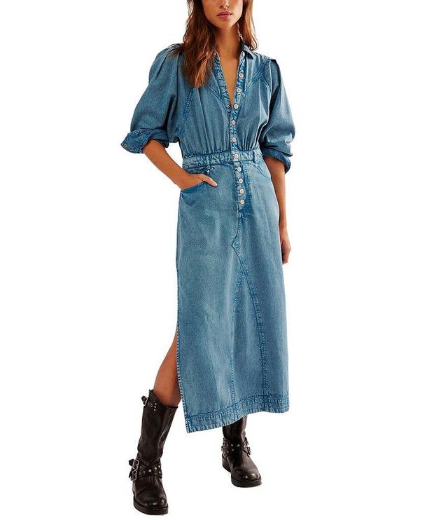 Free People Mad Love Denim Button Down Collar Long Sleeve Midi Dress Product Image