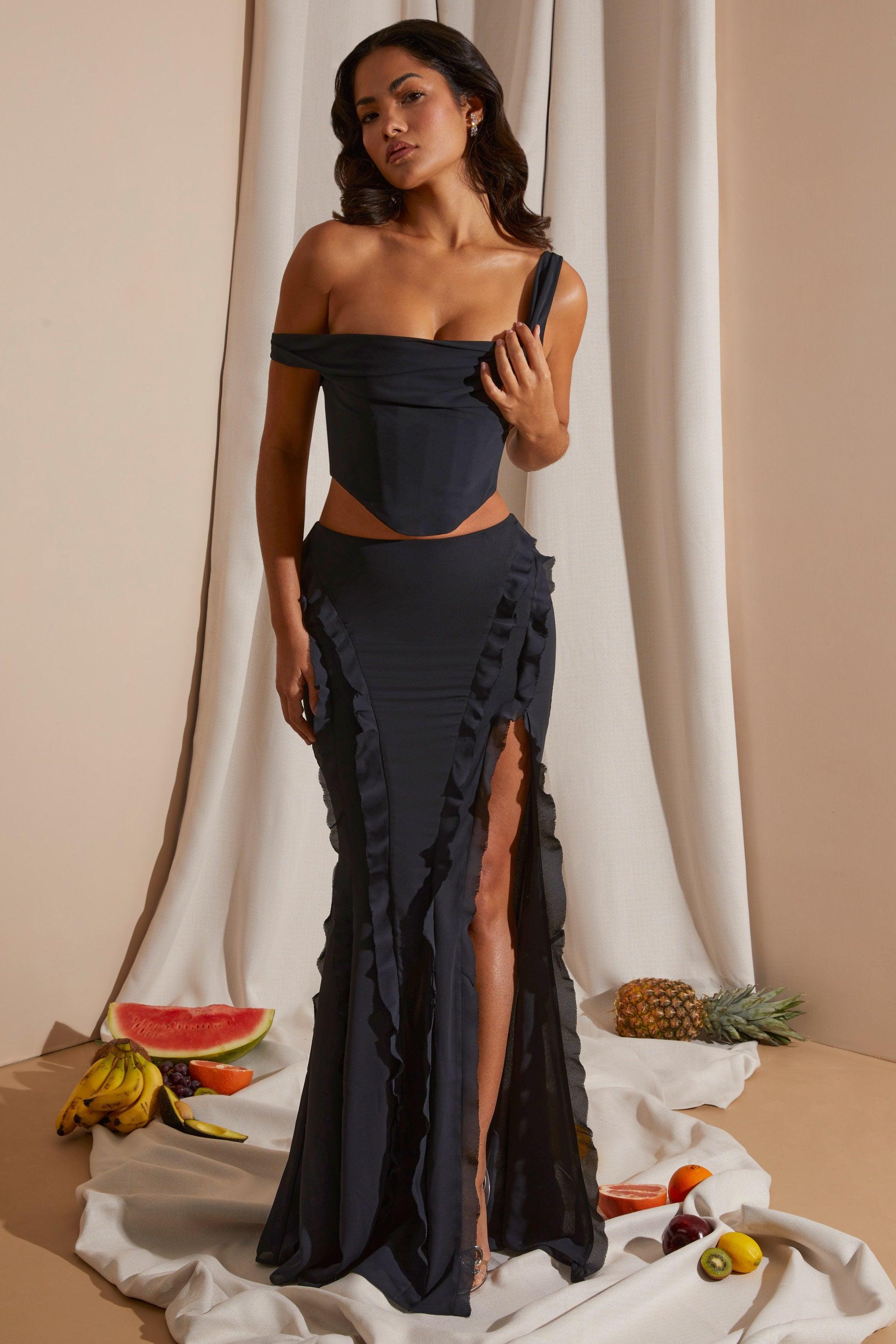 Mid Rise Ruffle Detail Maxi Skirt in Black product image