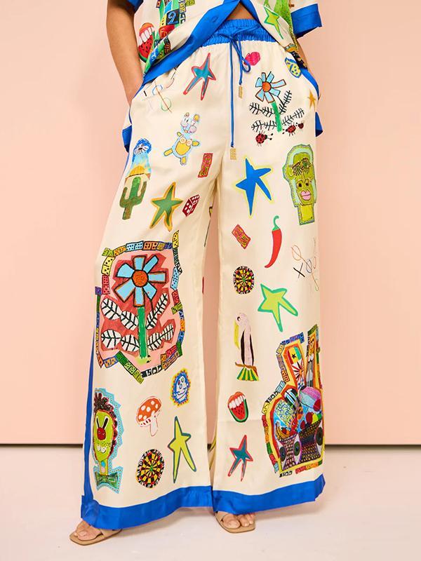 High Waisted Loose Asymmetric Printed Split-Joint Pants Trousers Product Image