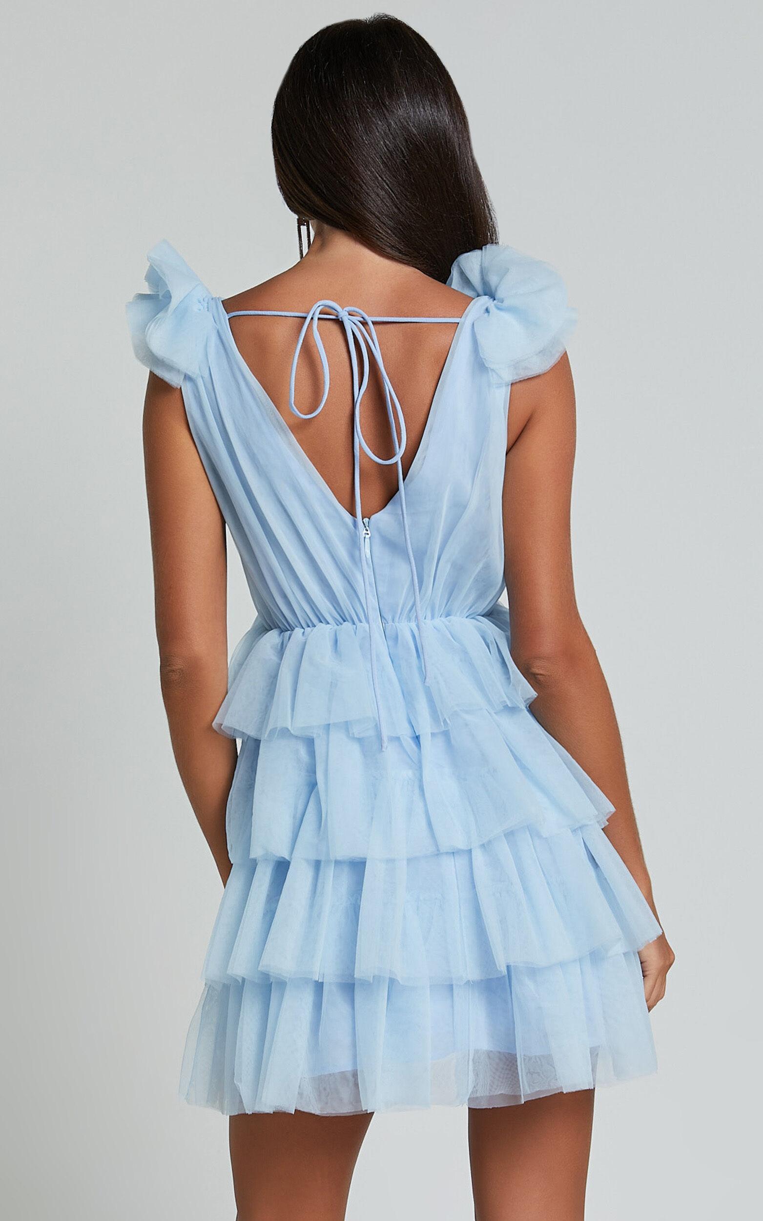 Hayden Mini Dress - Low Back Tulle Tiered Dress in Light Blue Product Image