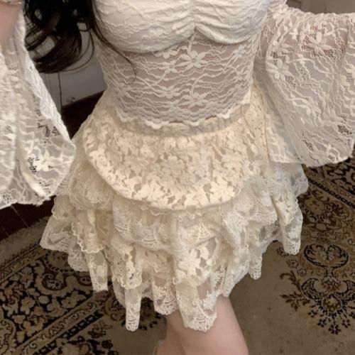 Long-Sleeve Off Shoulder Plain Lace Top / High Waist Plain Mini Tiered Skirt Product Image