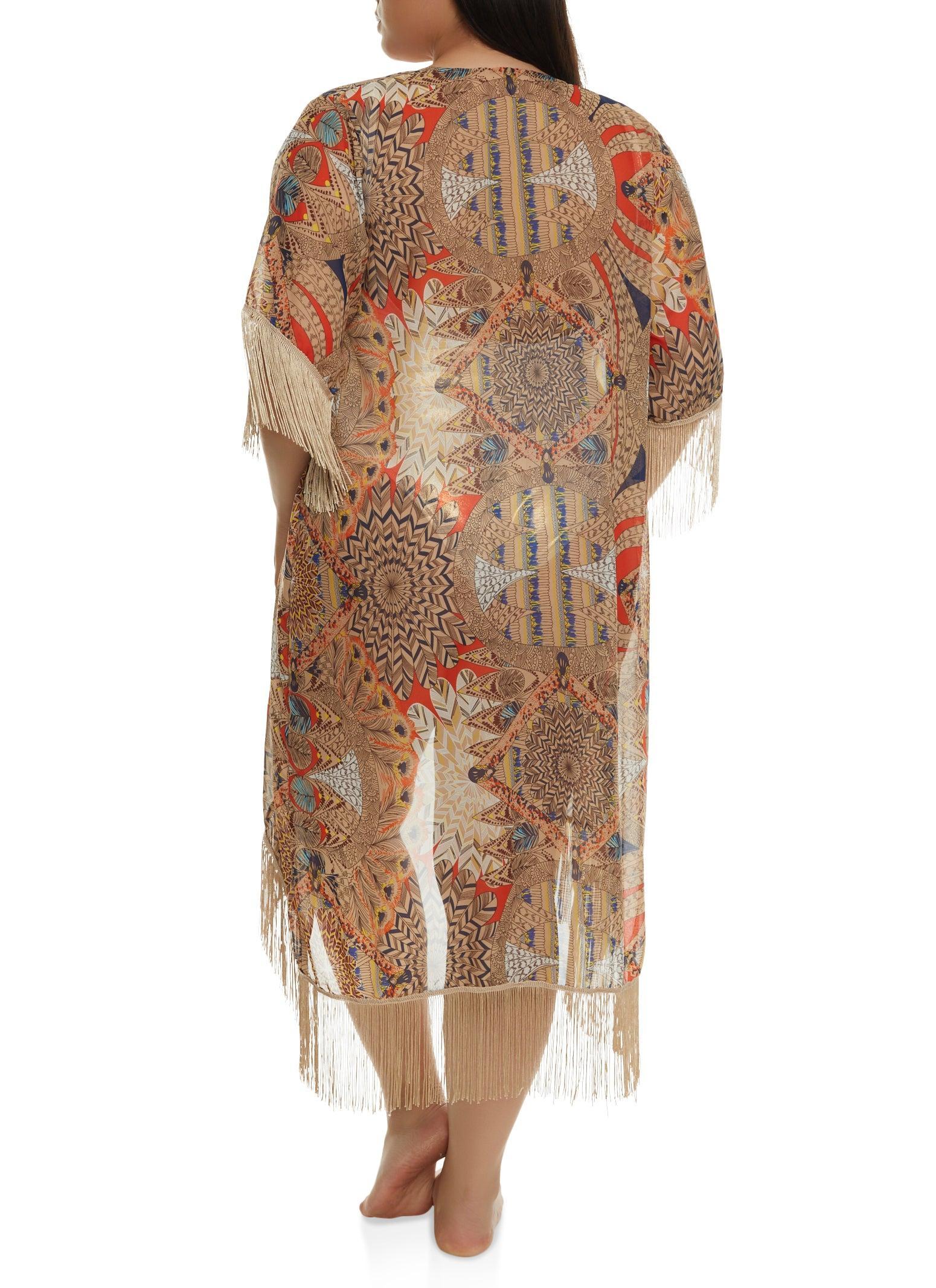 Womens Psychedelic Print Fringe Cover Up Kimono Product Image