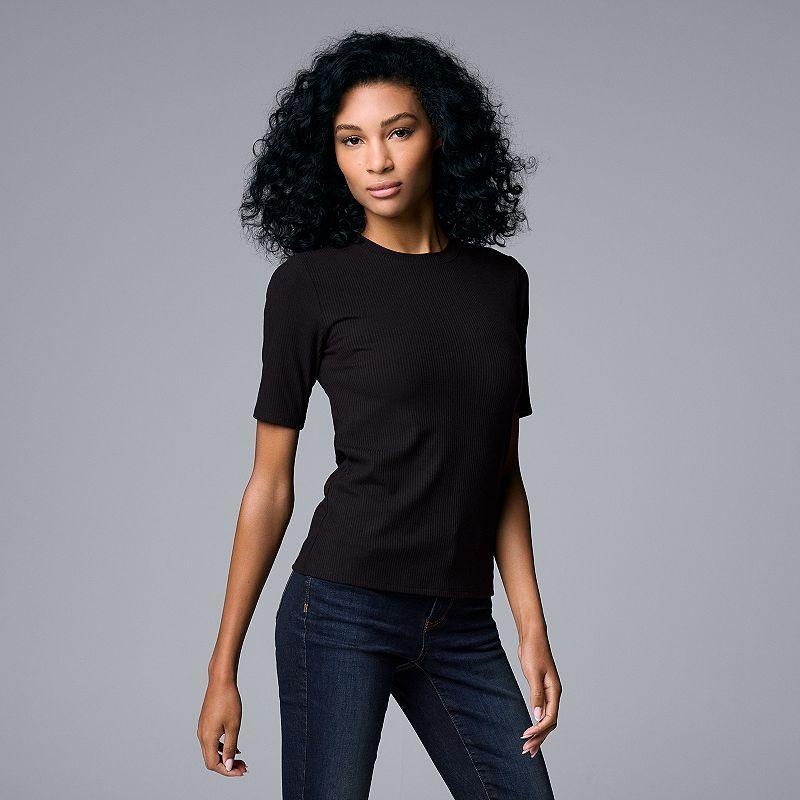 Womens Simply Vera Vera Wang Ribbed Fitted Elbow Sleeve Tee Black Product Image