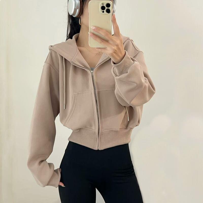 Plain Crop Zip-Up Hoodie Product Image