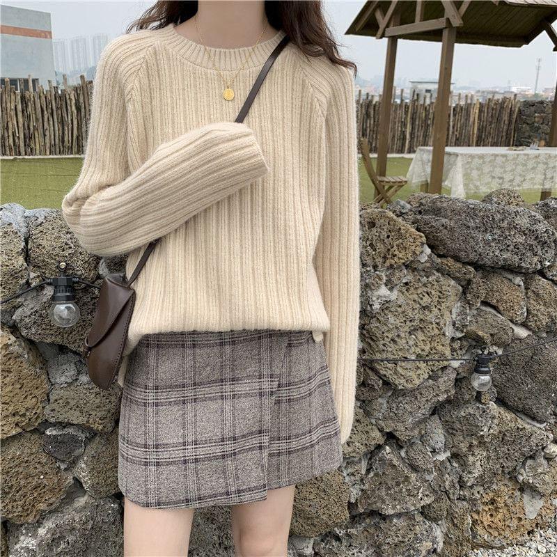 Round Neck Plain Ribbed Sweater Product Image