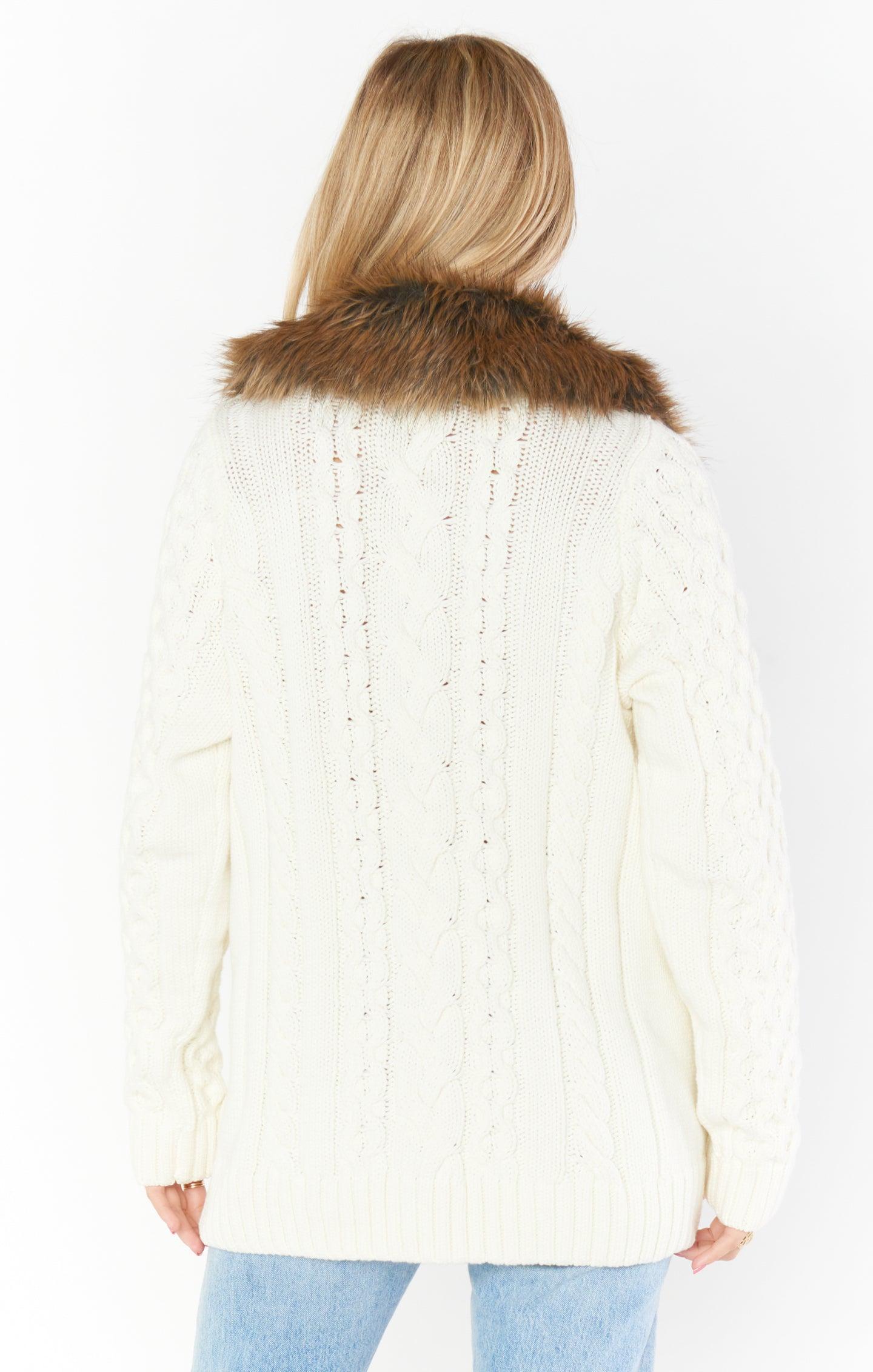 Sun Valley Pullover ~ Cream Cable Knit with Faux Fur Product Image