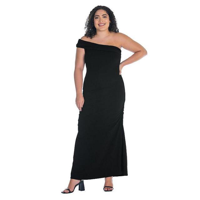 Plus Size 24Seven Comfort Apparel Formal One Shoulder Ruched Mermaid Maxi Dress, Womens Black Product Image