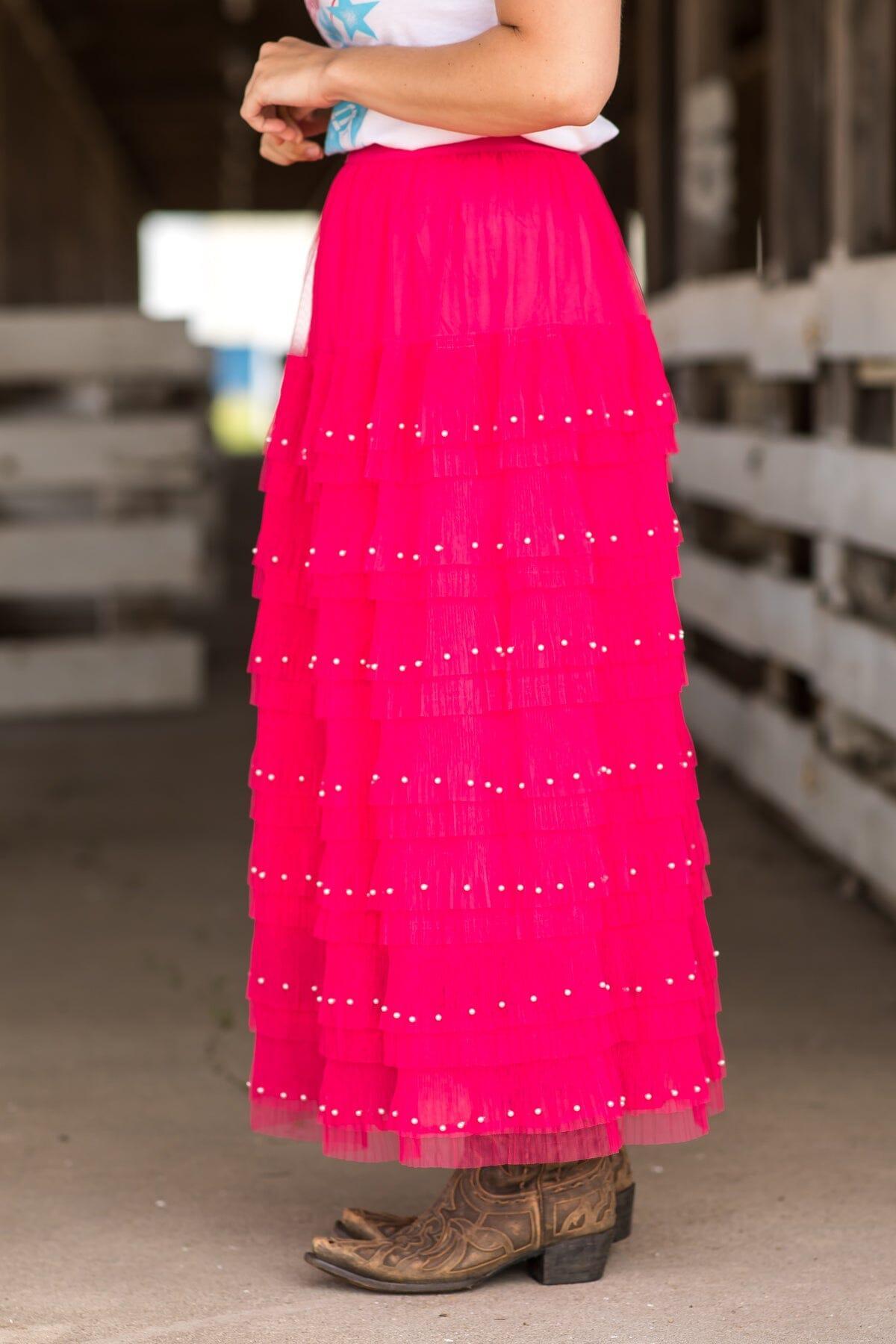 Hot Pink Tulle Midi Skirt With Pearl Detail Product Image