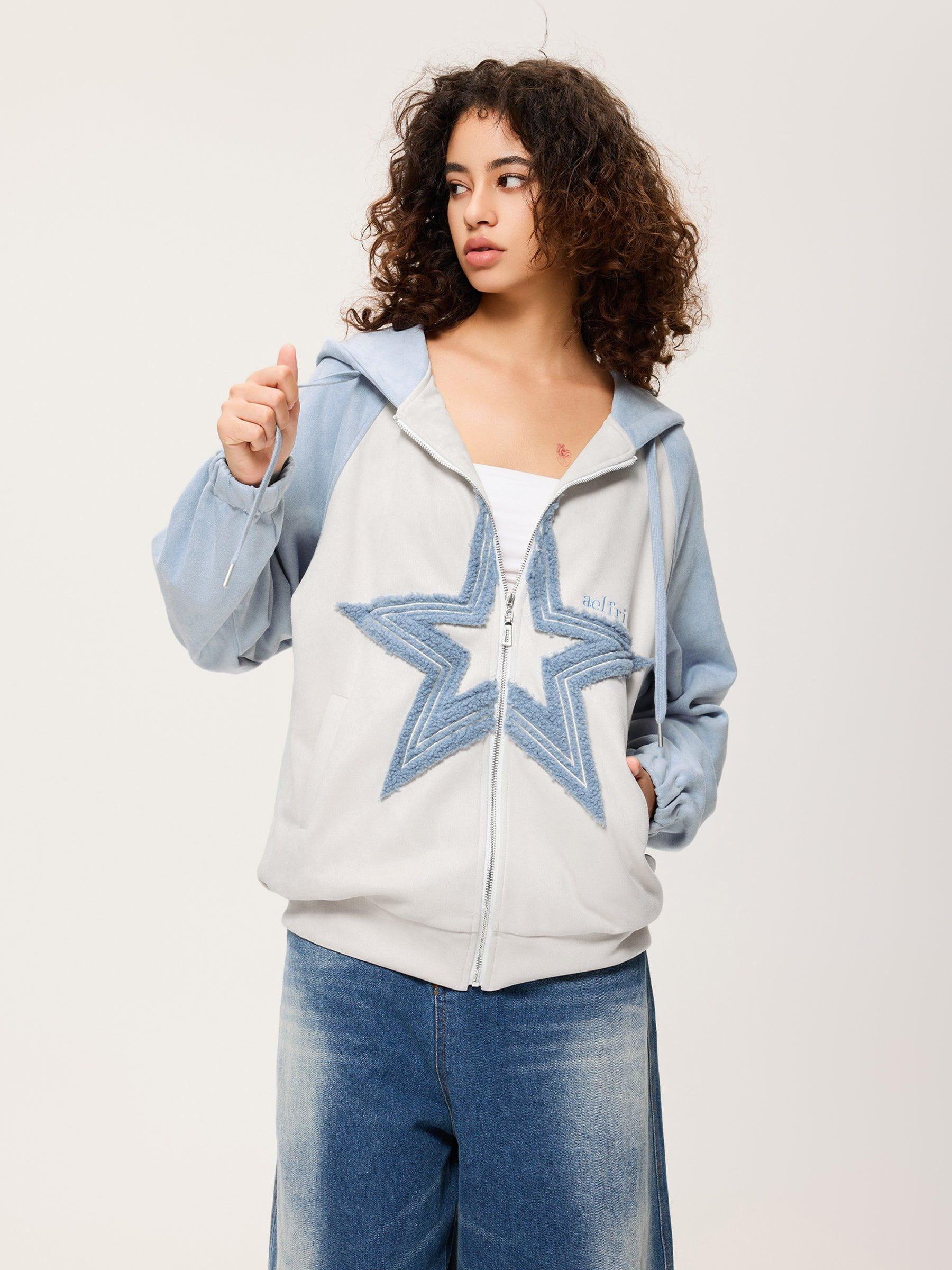 Aelfric Eden Suede Star Patchwork Zip Up Hoodie Product Image