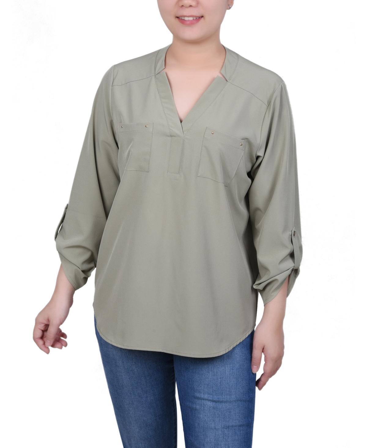 Ny Collection Petite Roll Tab Sleeve Blouse with Pockets Product Image