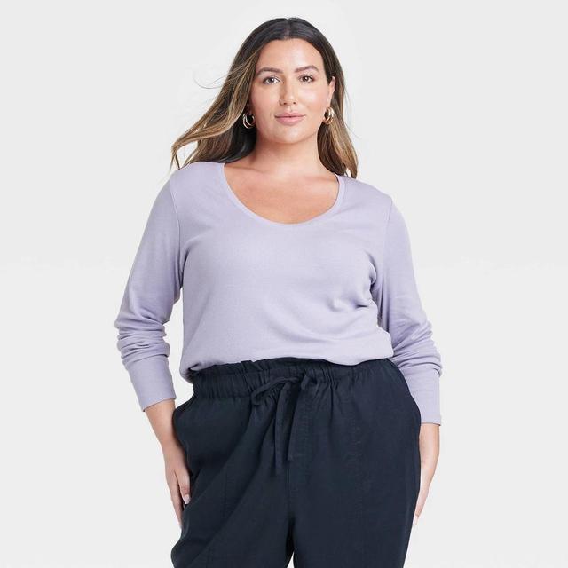 Womens Long Sleeve Scoop Neck Ribbed T-Shirt - A New Day Lavender 4X Product Image