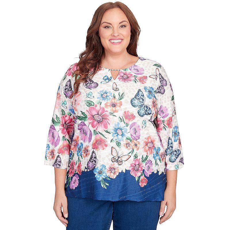 Plus Size Alfred Dunner Floral Butterfly Allover Print Border Split Neck Top, Womens Product Image