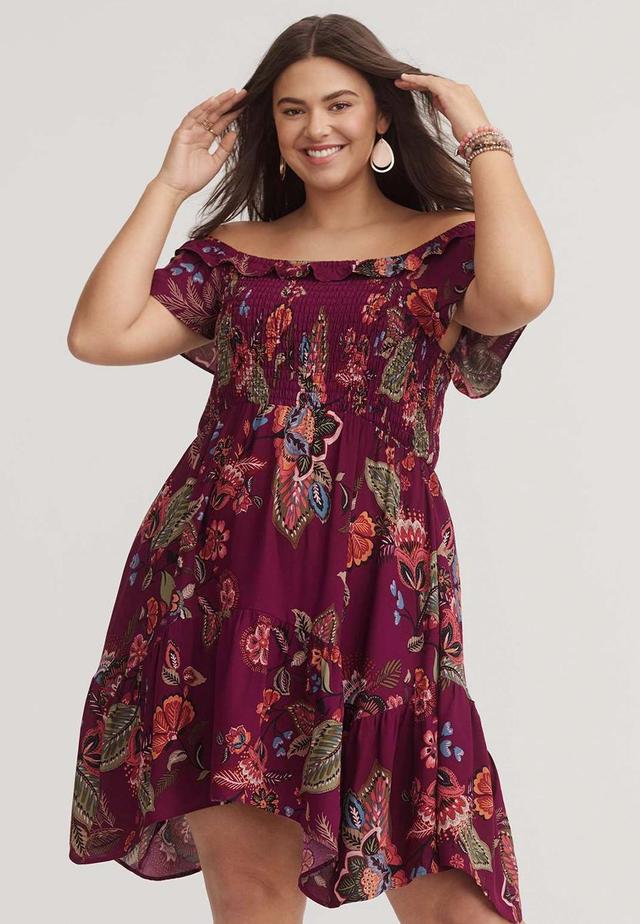 Maurices Plus Size Womens Floral Off The Shoulder Mini Dress Red Size 3X Product Image