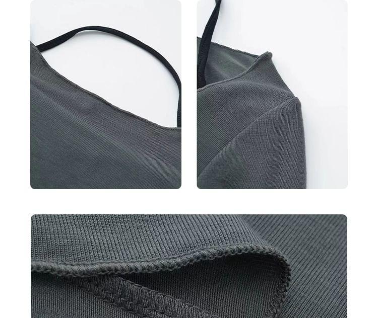 Set: Long-Sleeve Scoop Neck Plain T-Shirt + Sports Bra Top Product Image