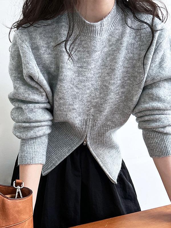 Long Sleeves Loose Solid Color Zipper Mock Neck Pullovers Sweater Tops product image