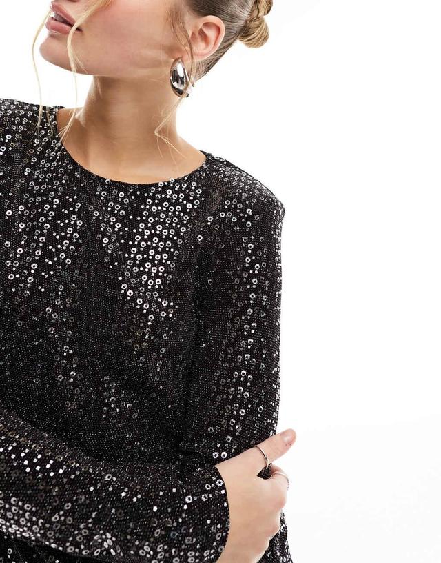 Pieces sequin long sleeve top in black - part of a set Product Image