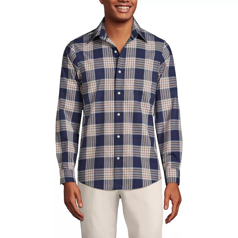 Big & Tall Lands End Tailored Fit No Iron Twill Long Sleeve Shirt, Mens Deep Blue Windowpane Product Image