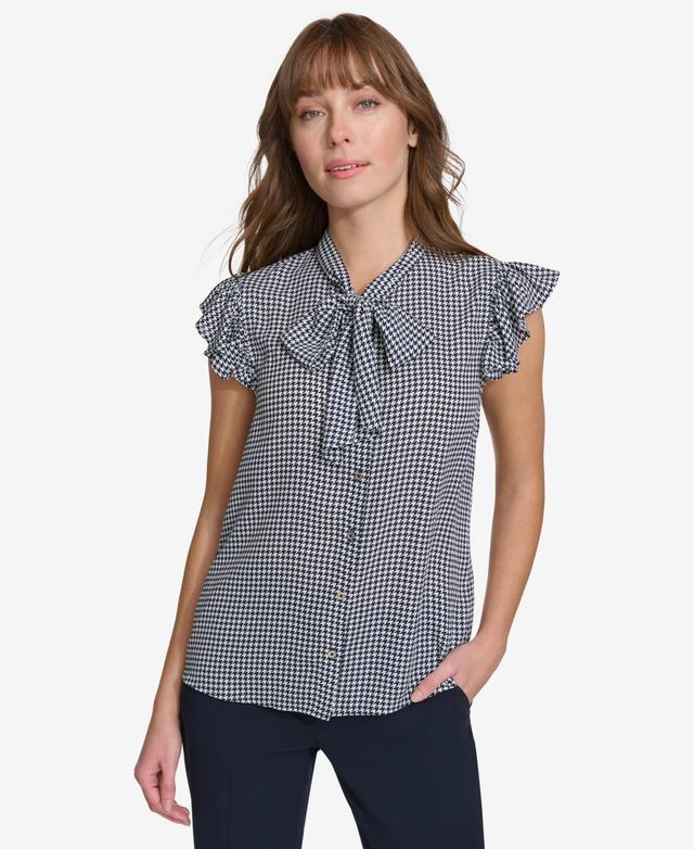 Tommy Hilfiger Womens Flutter-Sleeve Houndstooth Blouse - Ivory Product Image