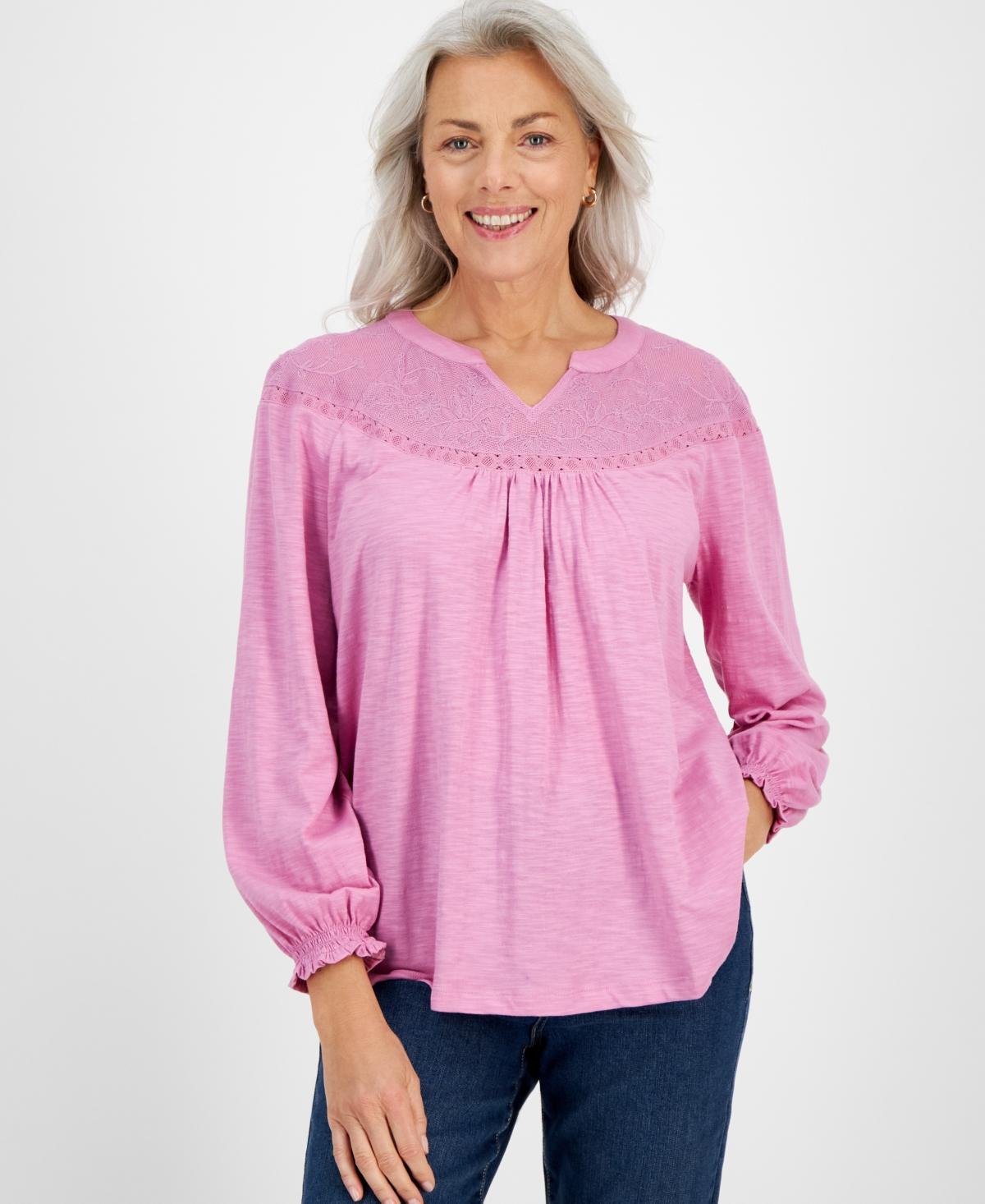 Style & Co Womens Lace-Trim Embroidered Top, Created for Macys Product Image