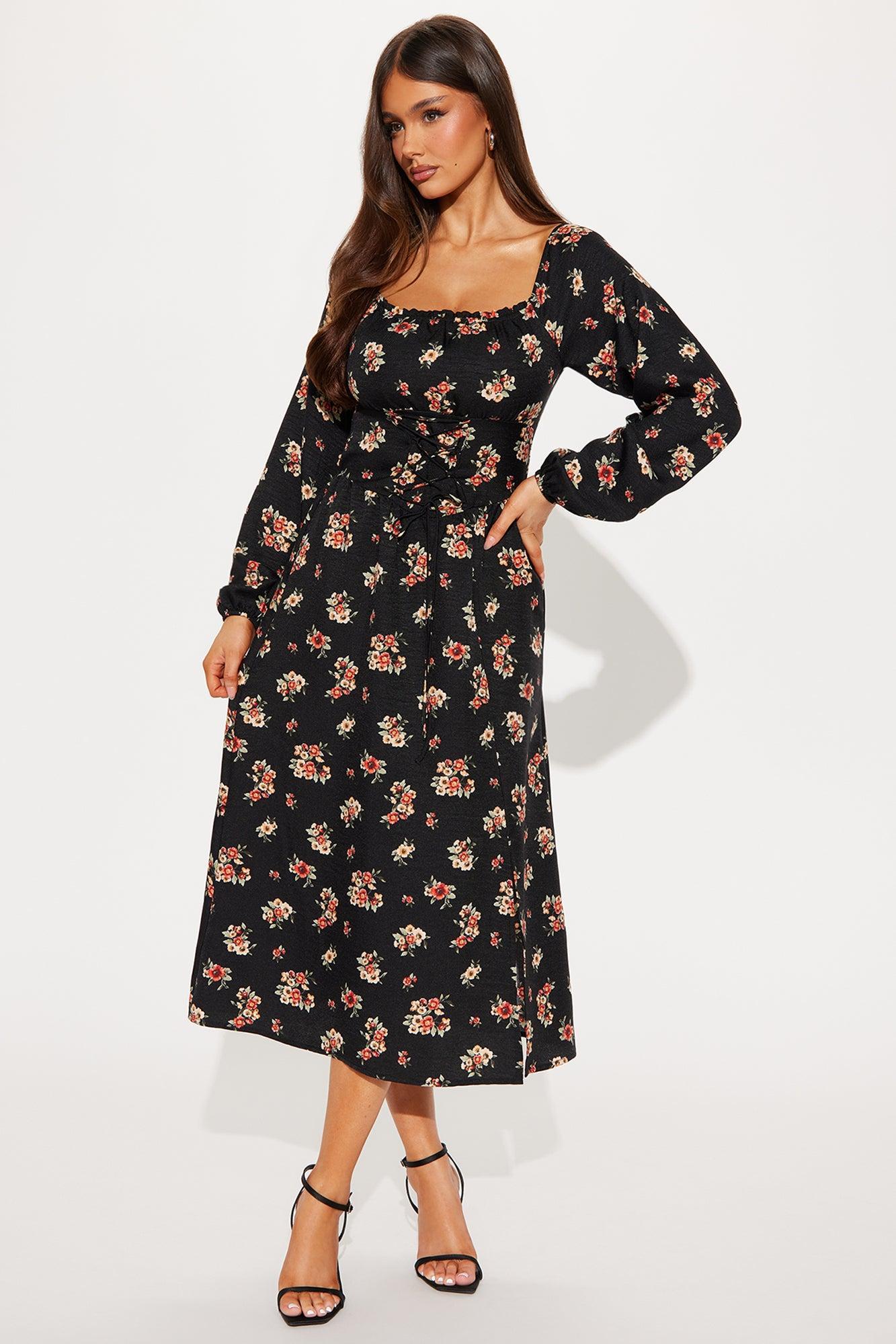 Vintage Vanity Long Sleeve Printed Midi Dress - Black product image