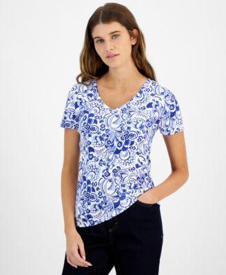 Tommy Hilfiger Womens Cotton Floral-Print V-Neck Top Product Image