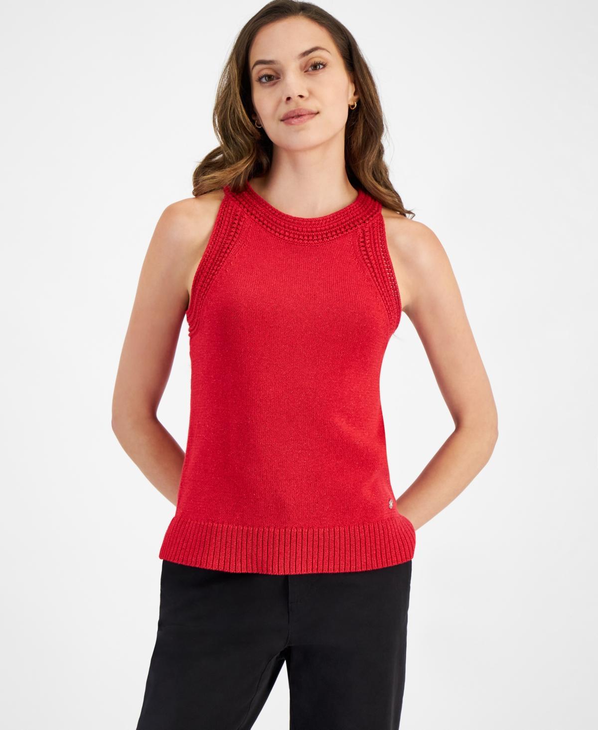 Tommy Hilfiger Womens Metallic-Threaded Sleeveless Sweater Product Image