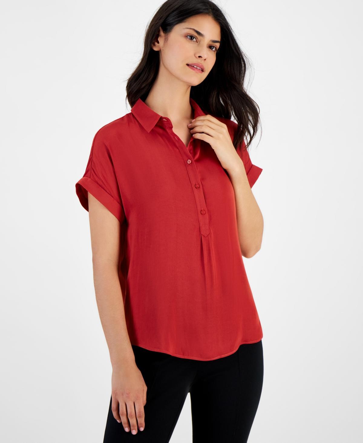 T Tahari Womens Cuffed Short-Sleeve Collared Top Product Image