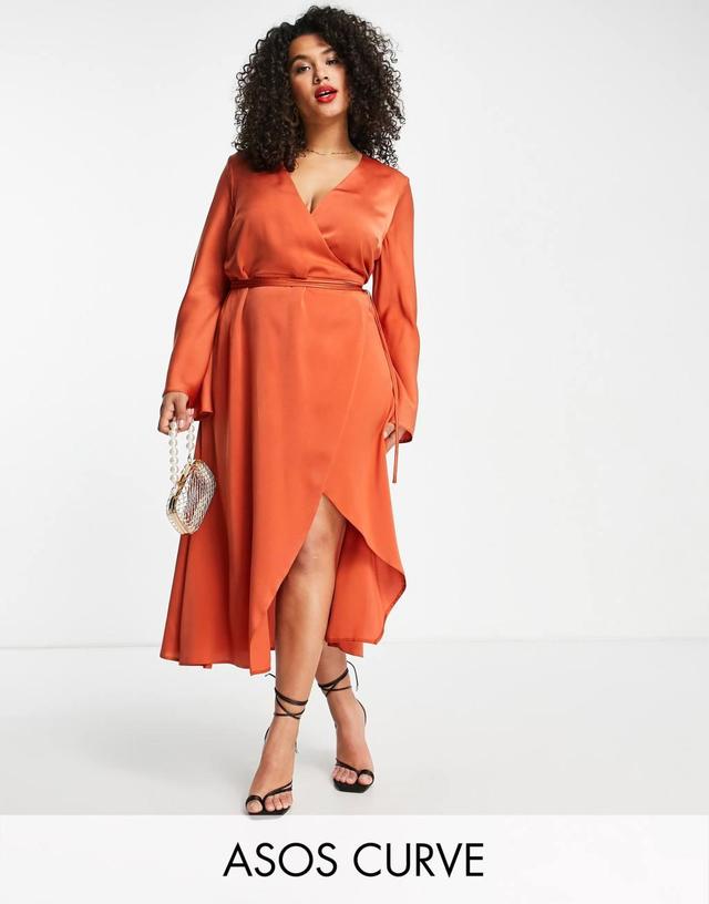 ASOS DESIGN Curve bias cut satin wrap dress with tie waist in ginger Product Image