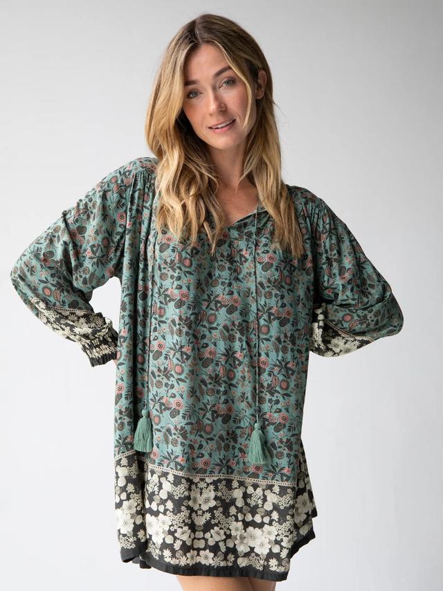 Dara V-Neck Tunic Dress - Sage Black Floral Border Product Image