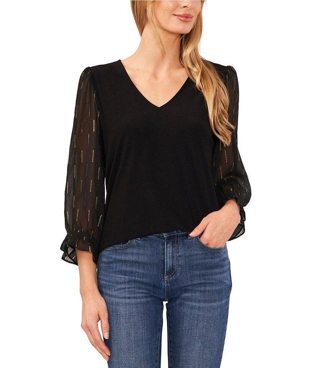 CeCe Mixed Media 3/4 Lurex Clip Chiffon Sleeve V-Neck Crepe Knit Top Product Image