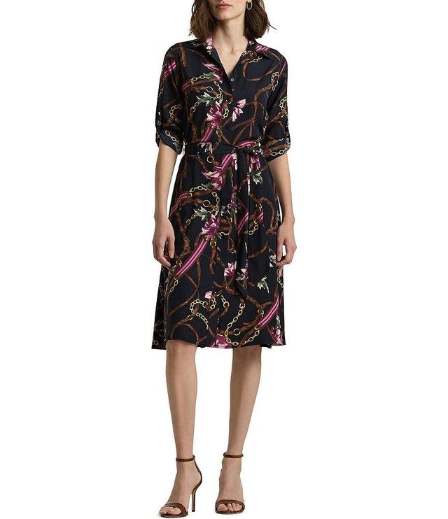 Lauren Ralph Lauren Petite Size Equestrian-Inspired Crepe de Chine Roll-Tab Sleeve Button Front Tie Waist Shirt Dress Product Image