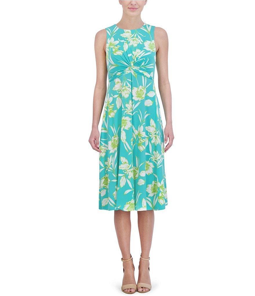 Jessica Howard Petite Size Sleeveless Crew Neck Front Wrap Knot Floral Midi Dress Product Image