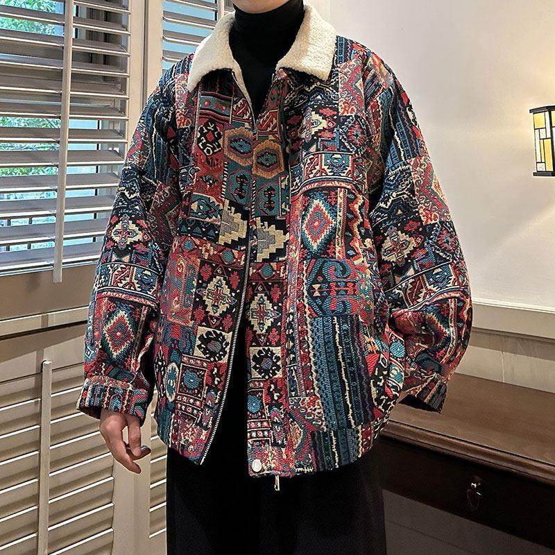 Collared Patterned Fleece-Lined Tapestry Zip Jacket Product Image