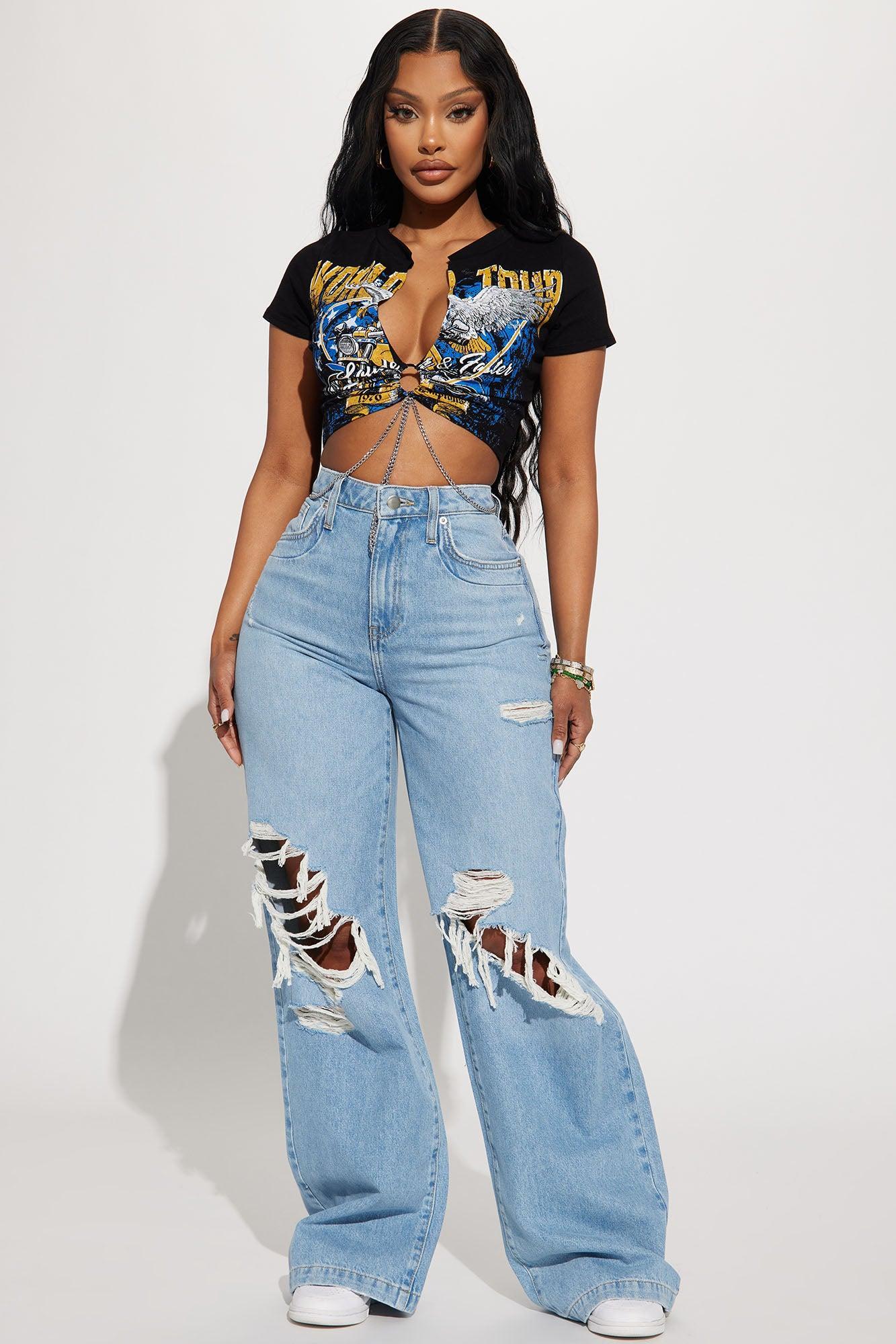 Not A Chance Ripped Non Stretch Wide Leg Jeans - Light Wash product image