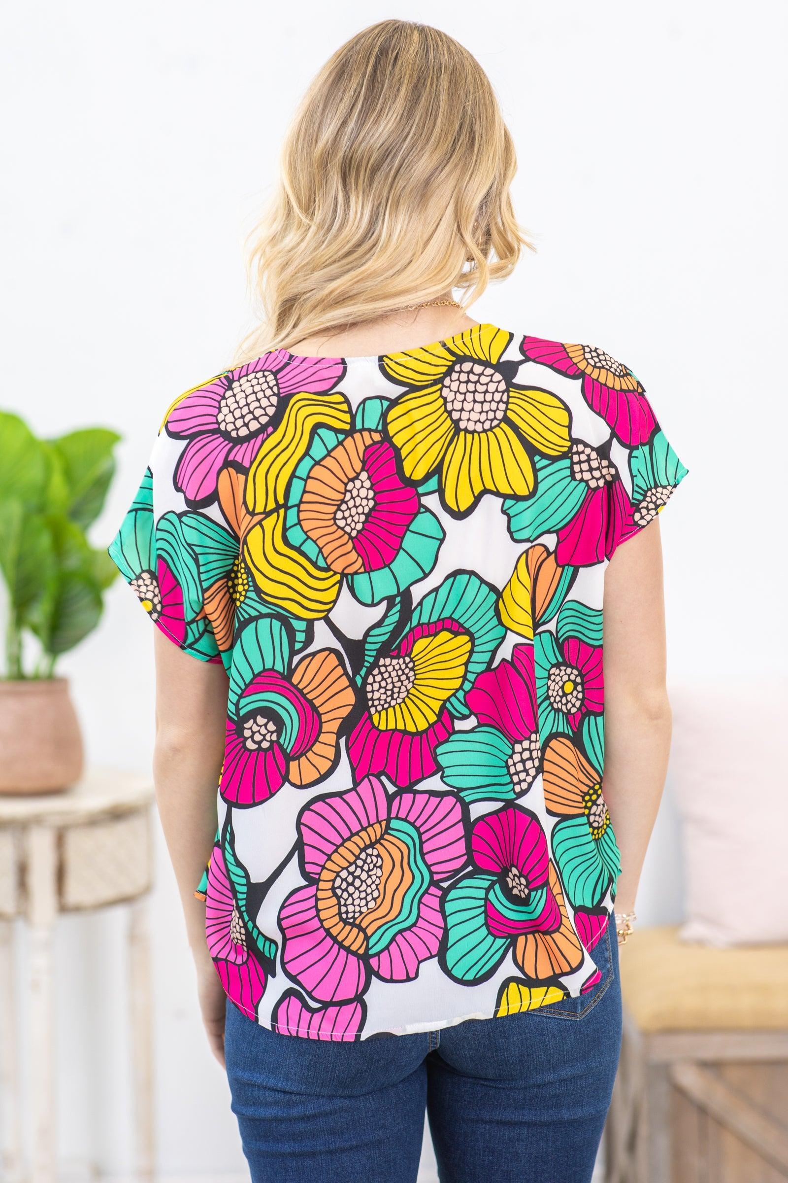 White Multicolor Flower Print Woven Top Product Image