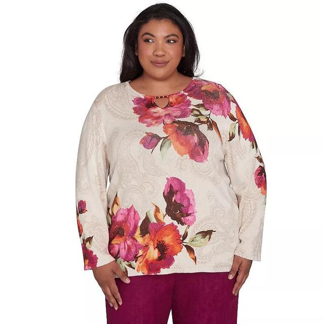 Plus Size Alfred Dunner Watercolor Floral Beaded Split Neck Top, Womens Product Image