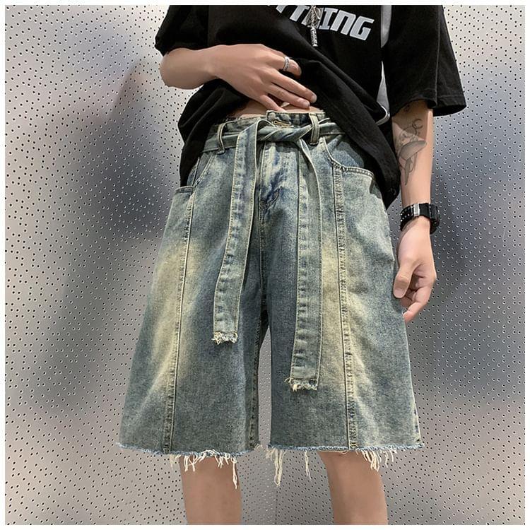 High Waist Frayed Denim Shorts Product Image