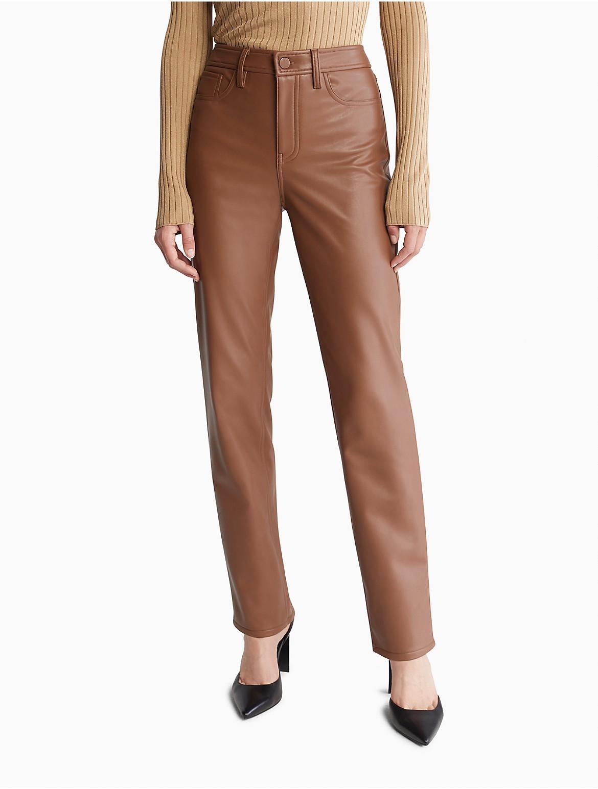 Calvin Klein Womens Faux Leather Straight Leg Pants - Brown - 0 Product Image