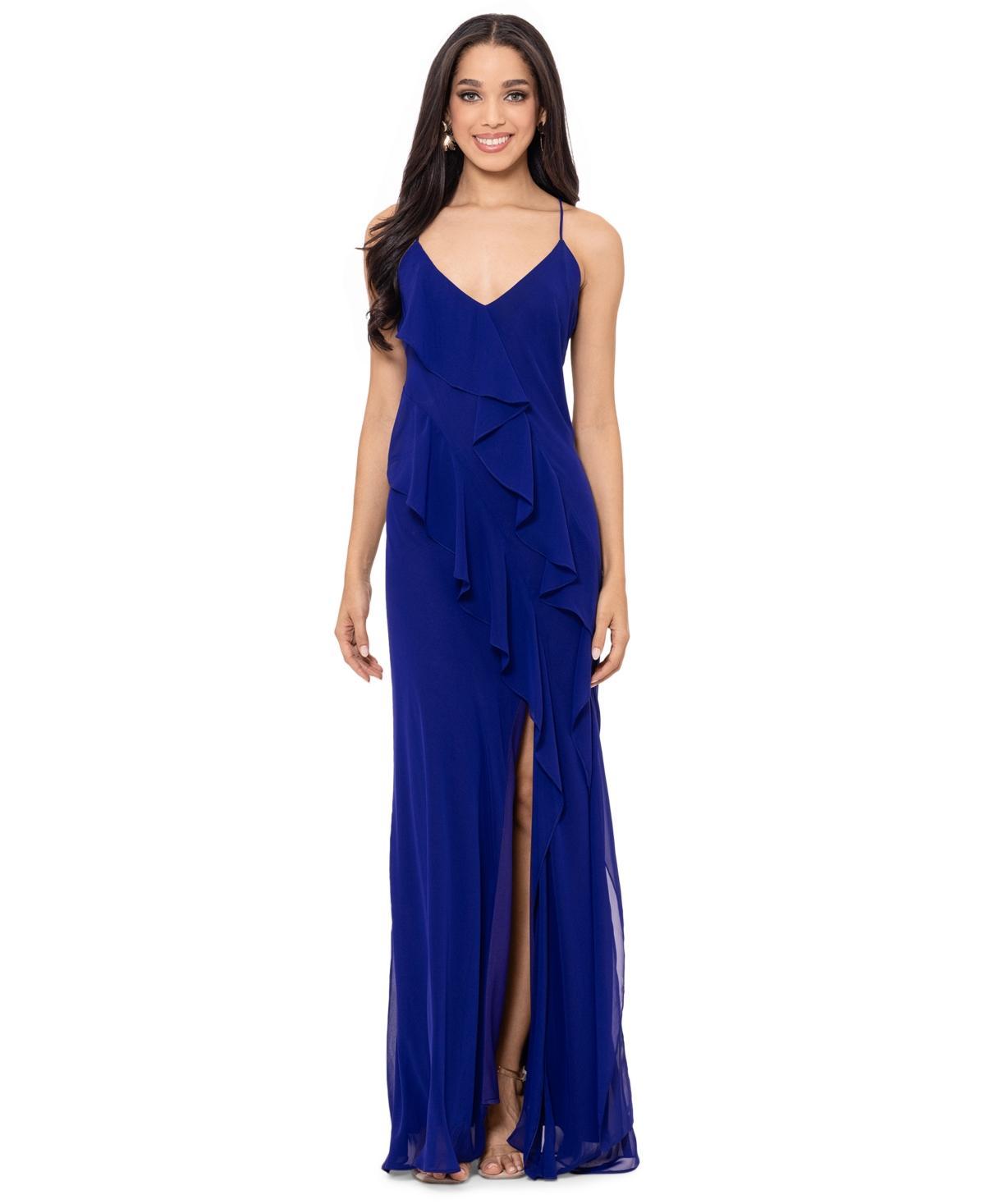 Betsy & Adam Womens Ruffle-Trim Spaghetti-Strap Gown Product Image