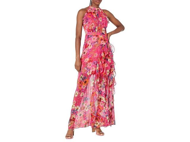 Betsy & Adam Halter Chiffon Print Ruffled Gown (Hot ) Women's Dress Product Image