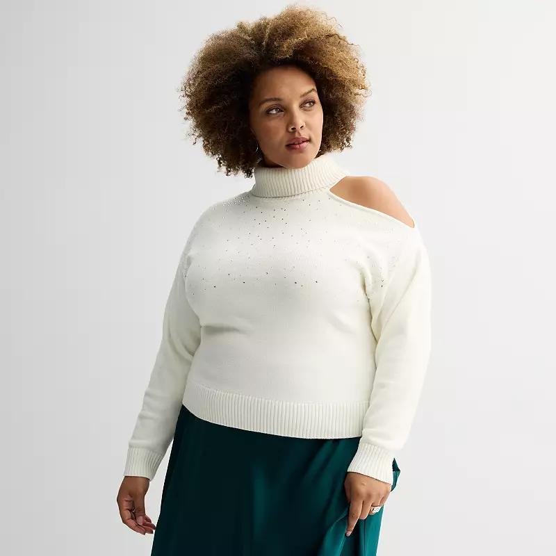 Plus Size INTEMPO Long Sleeve Turtleneck Cut Out Sweater, Womens Product Image