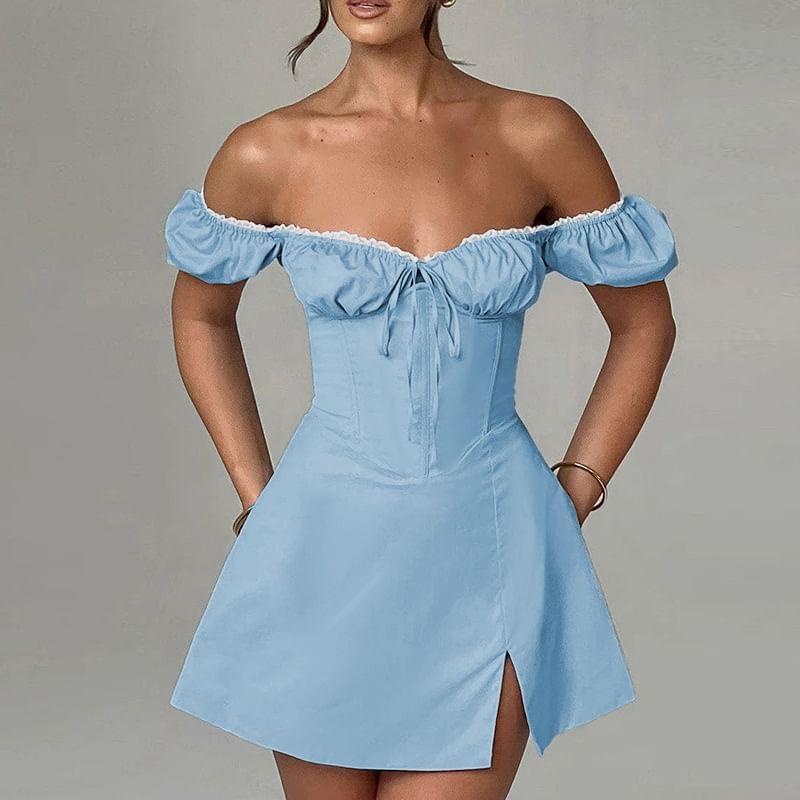 Puff Sleeve Off-Shoulder Lace-Trim Tie-Front Slim-Fit Mini A-Line Dress Product Image