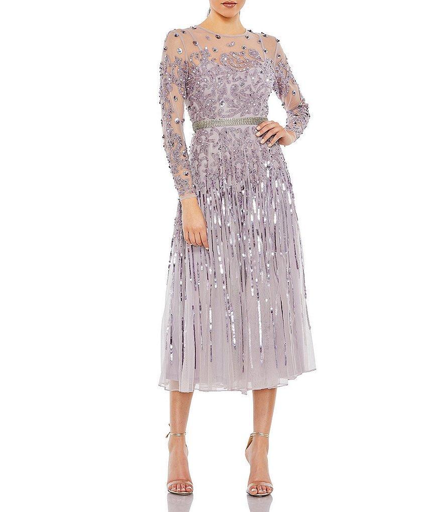 Mac Duggal Mesh Sequin Crew Neck Long Sleeve Belted Tea Dress Product Image