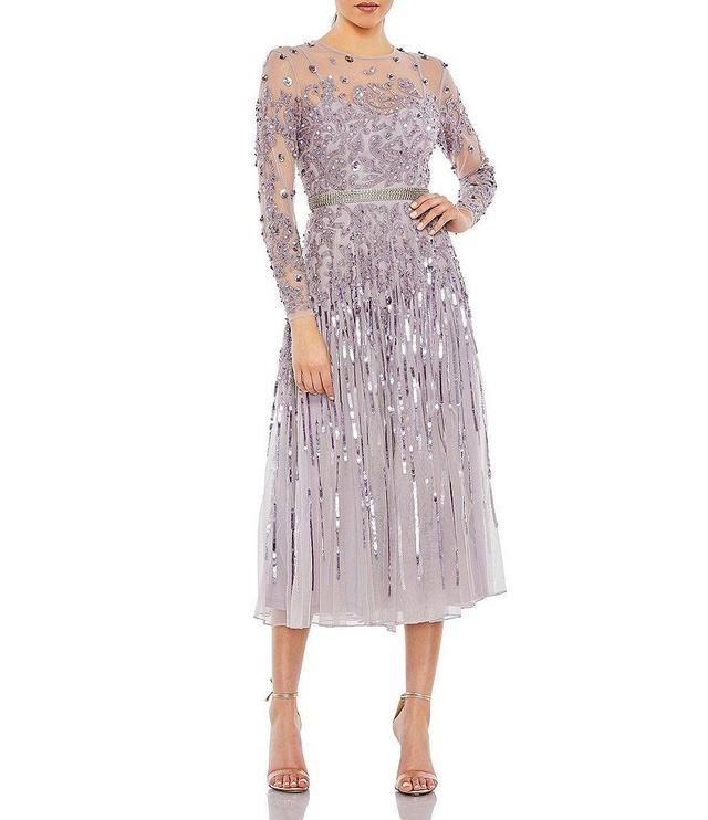 Mac Duggal Mesh Sequin Crew Neck Long Sleeve Belted Tea Dress Product Image