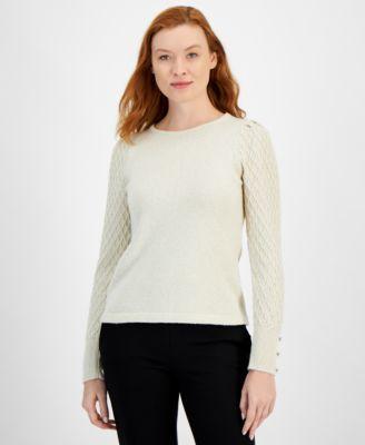 Anne Klein Womens Textured-Sleeve Metallic-Knit Sweater Product Image