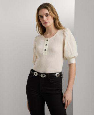 Lauren Ralph Lauren Womens Puff-Sleeve Henley Tee Product Image