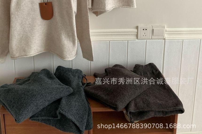 Set: Round Neck Plain Sweater + Drawstring Waist Knit Shorts Product Image